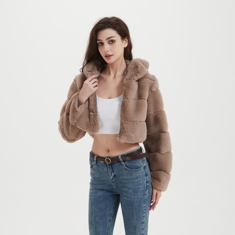 2026 Fall Winter Faux Fur Jacket Women Short Hooded Patchwork Coat Streetwear