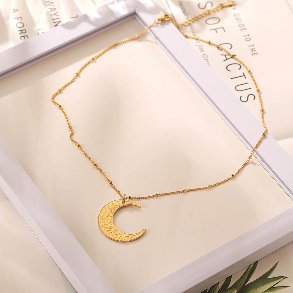 Stainless Steel Moon Pendant Necklace Ayatul Kursi Crescent Clavicle Chain Arabic Religious Islamic Choker Jewelry Gift