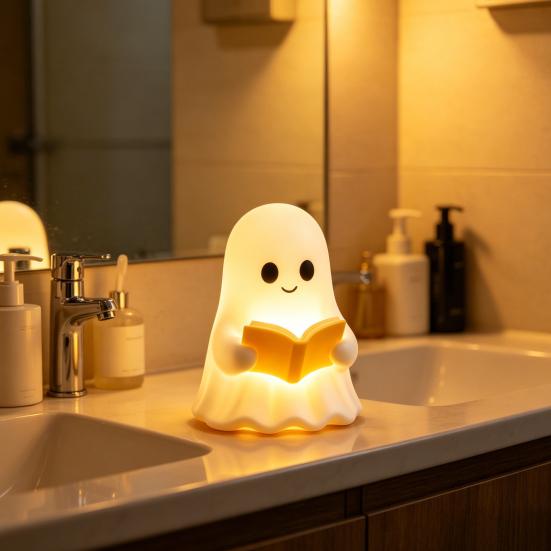 Yousheng Cute Ghost Reading Book Lamp, 3D Halloween Ghost Night Light, Warm Light Up Ghost Statue for Indoor Home Mantel Shelf Table Decor