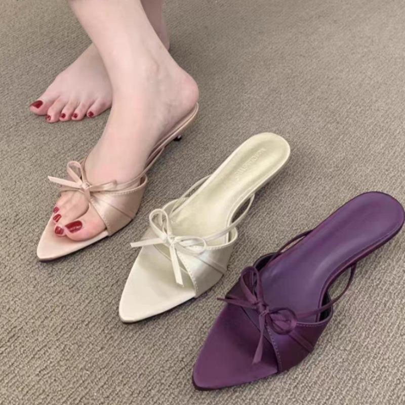 Female Pointed Toe Ladies Low Heel Pumps Shoes Slip On Footwear Shallow Fashion Butterfly-Knot Women Thin Heel Shoes Slides