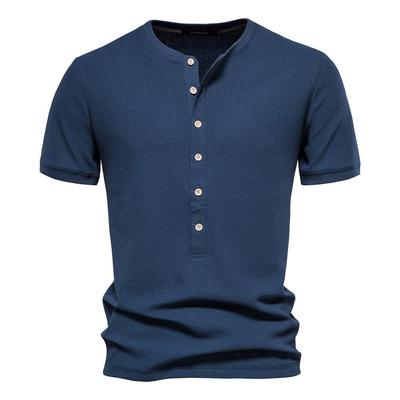 Henley Collar Knit Short Sleeve  Casual Round Neck Men's Solid Color  Waffle T-Shirt Plus Size