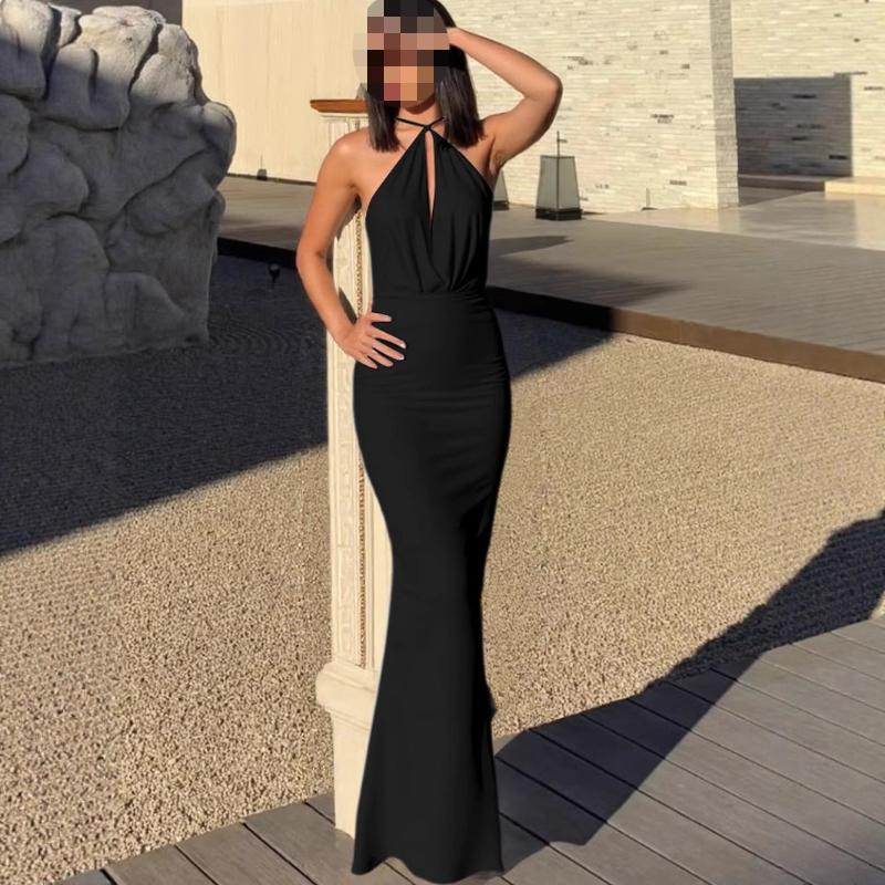 

Європейська та американська жіноча літня мода сукня-сарафан з вирізом на спині, з вирізами, на бретелях, з підвіскою на шию L чорний