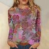 Women's Long Sleeved T-shirt with Round Neck and Leaf Print