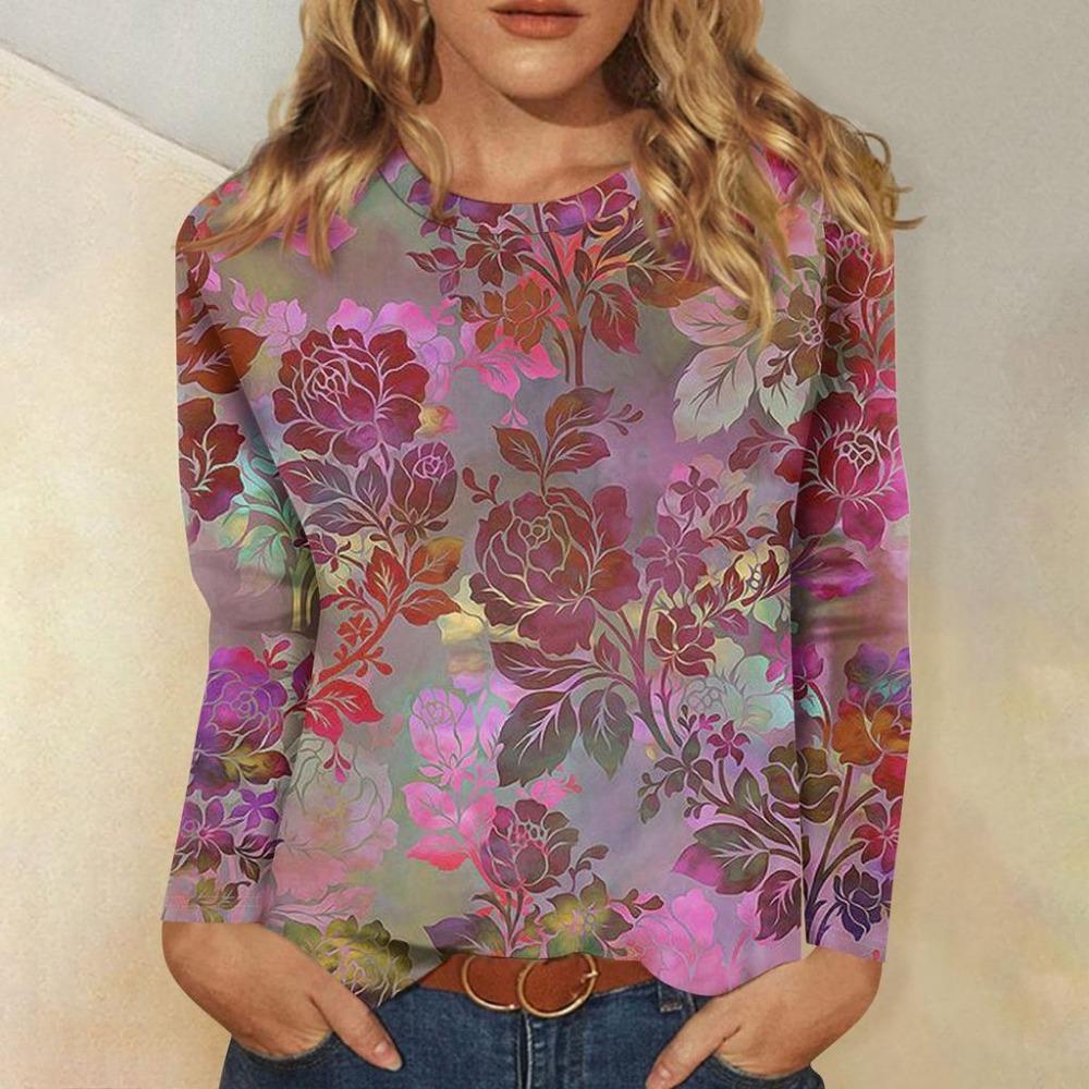 Women's Long Sleeved T-shirt with Round Neck and Leaf Print