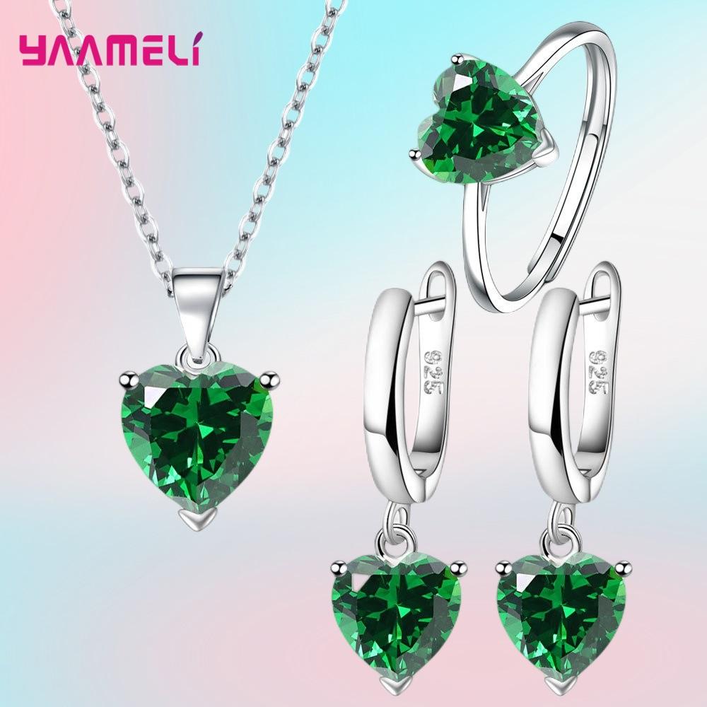 

Fine 925 Silver Color Jewelry Gift Sets for Women Female Romantic Heart Zircon Huggie Earrings Pendant Necklace Ring зелений