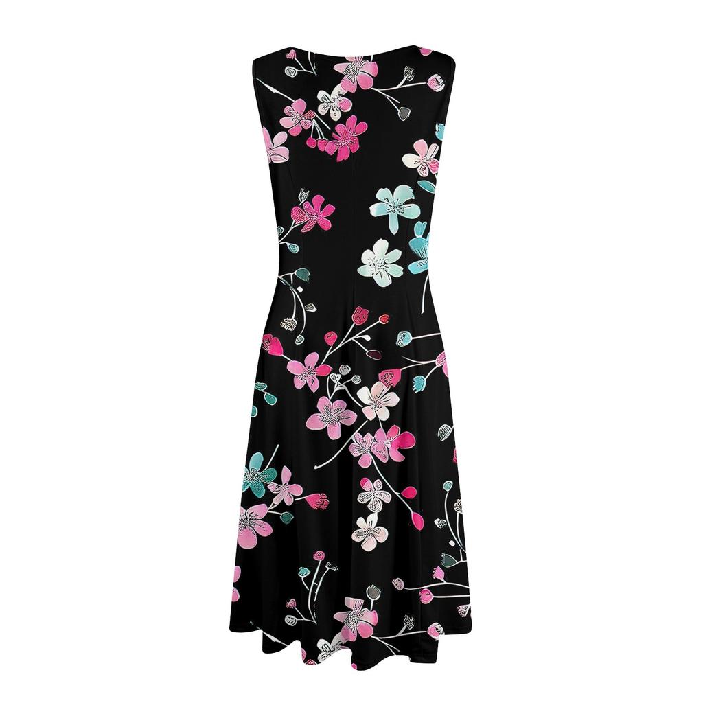 Women's Casual Fashion Round Neck Sleeveless Printed Side Pocket Midi Dress