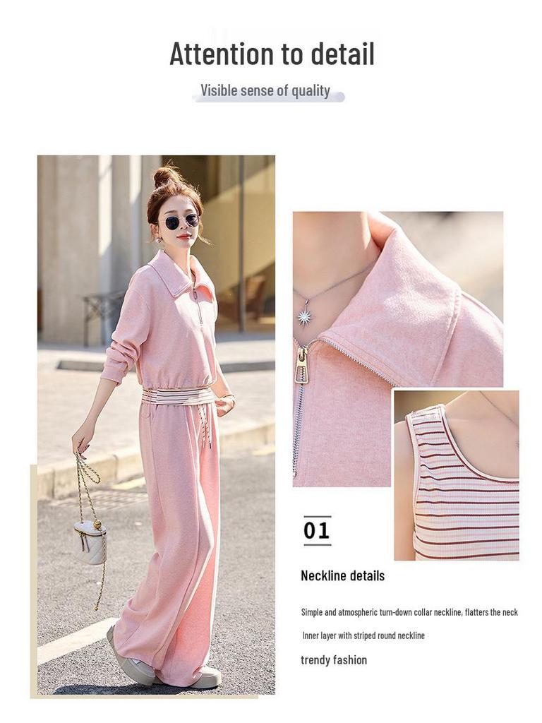 2025 Spring Fashion High-Waist Wide-Leg Pants & Slim Fit Sweatshirt Set