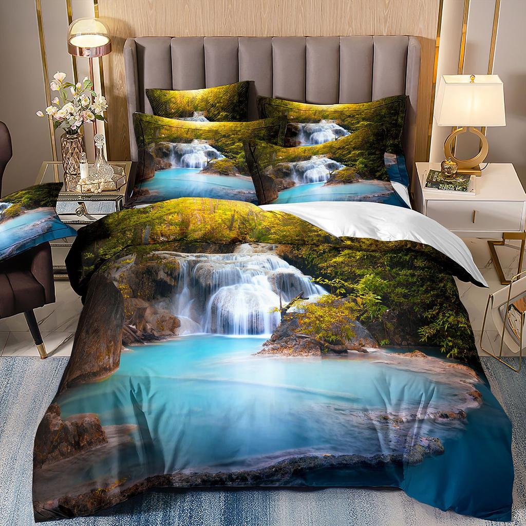 Three-Piece Beautiful Landscape 3D Bedding Stream Waterfall Printing Quilt Cover Home Textile Batch