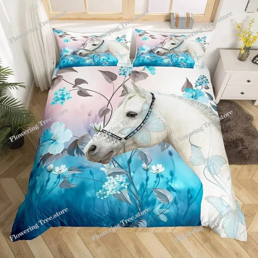 3D Horse Duvet Cover King Queen Size Yellow Sunflower Bedding Set Floral Animal Theme Quilt Cover Wildlife Soft Comforter Cover