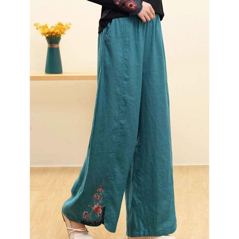 Women's Retro Embroidered Wide-Leg Cotton Linen Pants with Elastic Waist