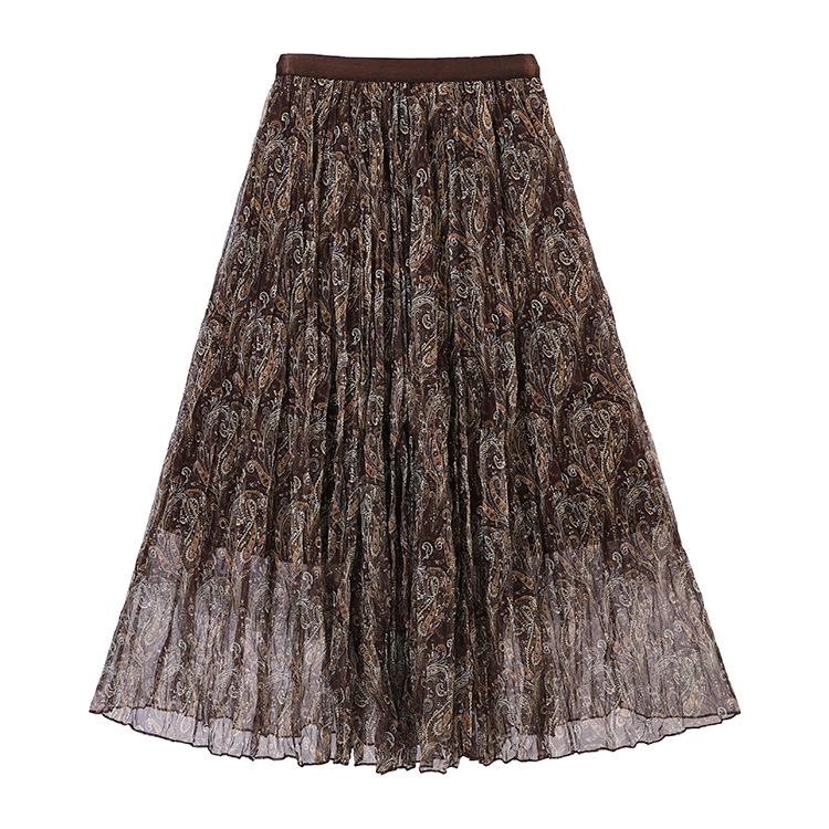 Fei Yuan Elegant High Waist Retro Paisley Mesh Midi Skirt for Women - Early Spring Collection