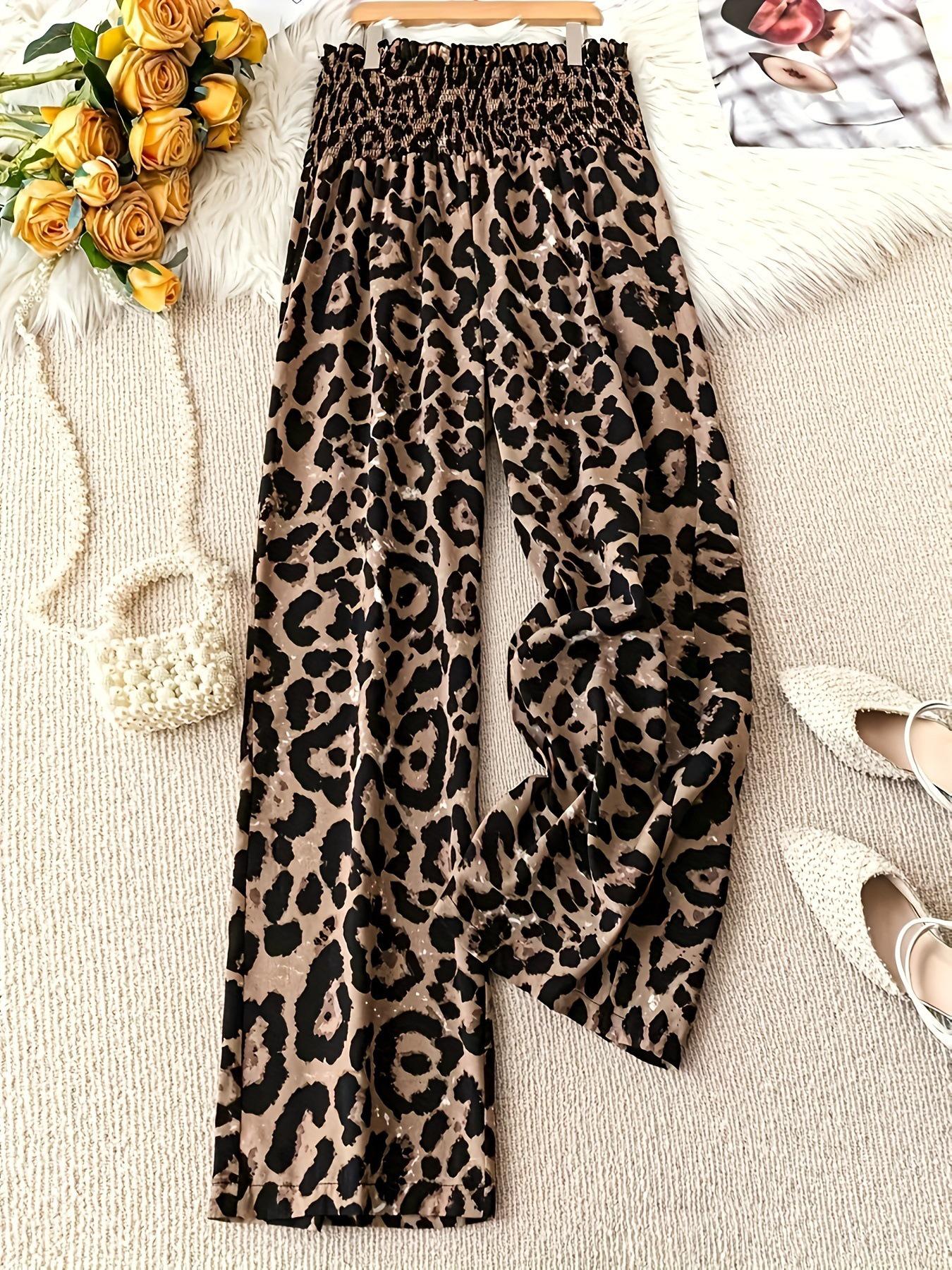 

European and American 2025 Women s Leopard Print Wide-Leg Pants with Elastic Waist Small