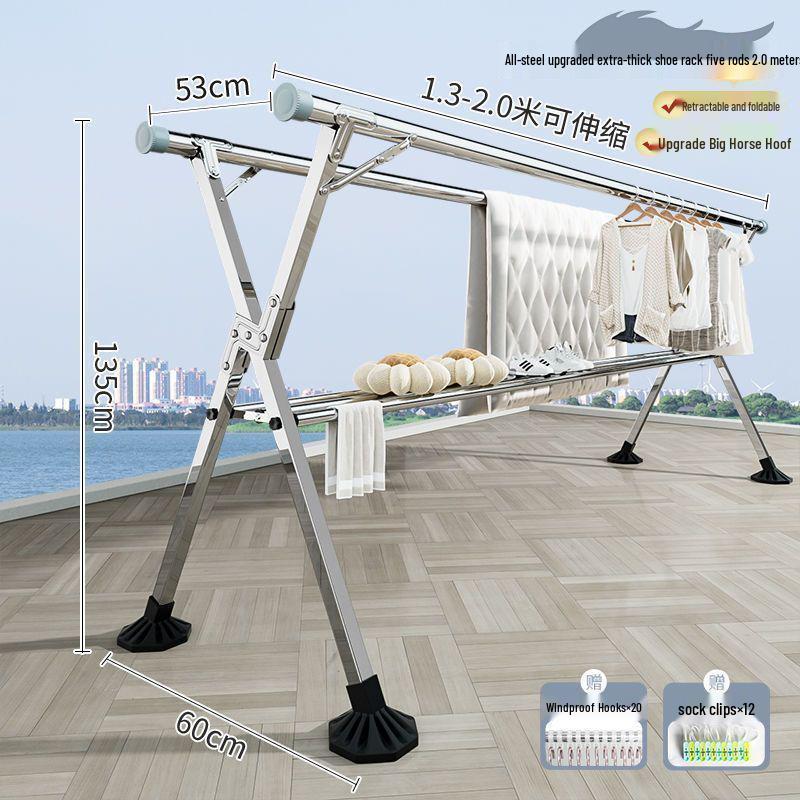 Bold Stainless Steel Folding Clothes Drying Rack - Floor-Standing, Telescopic, Indoor/Outdoor Use, Vertical Hanging Rod.