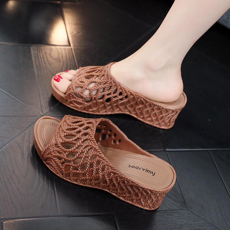 Women's 2025 Fashion High Heel Non-Slip Slippers - Summer Hollow Out, Comfortable, Thick Sole, One-Strap Design for Outdoor Use