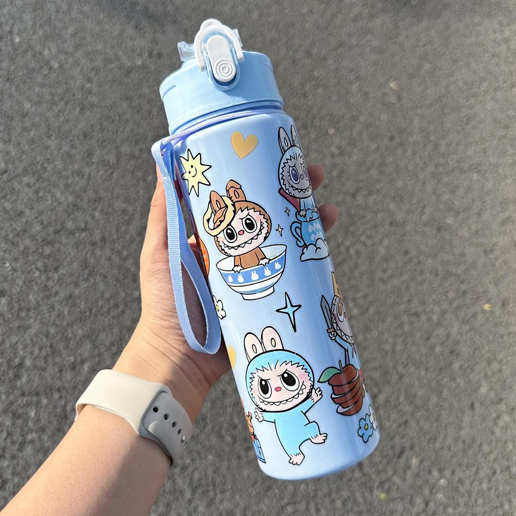 Labubu Cartoon Straw Water Cup for Kids with Lanyard
