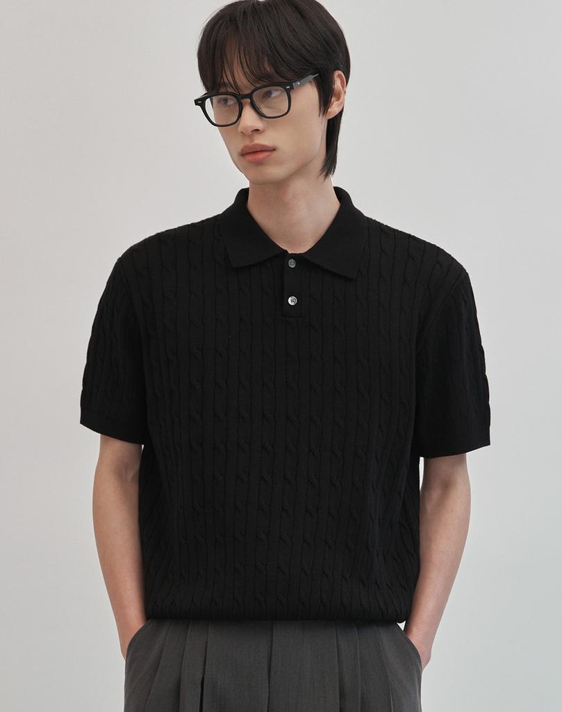 WORK ON BODY OFF Tres Semi-Overfit Cable Collar Short Sleeve Knit [Black]