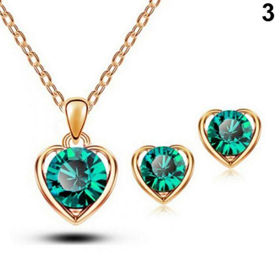 Women's Fashion Jewelry Heart Crystal Pendant Necklace Ear Studs Earrings Set