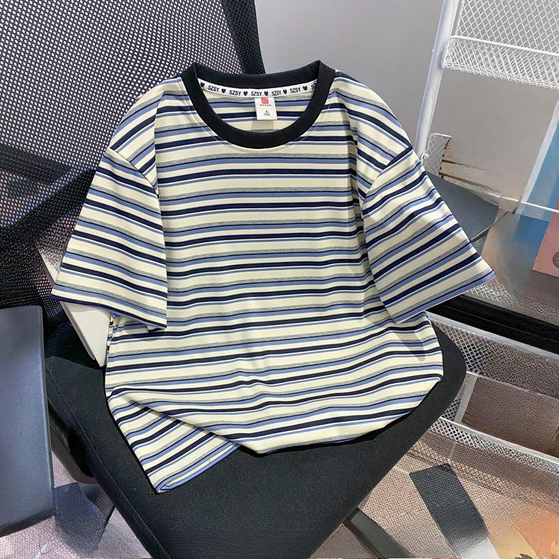 

Summer Striped Short-sleeved T-shirt Women s Korean-style Slim-fit Shoulder Round-neck Top S синій/білий