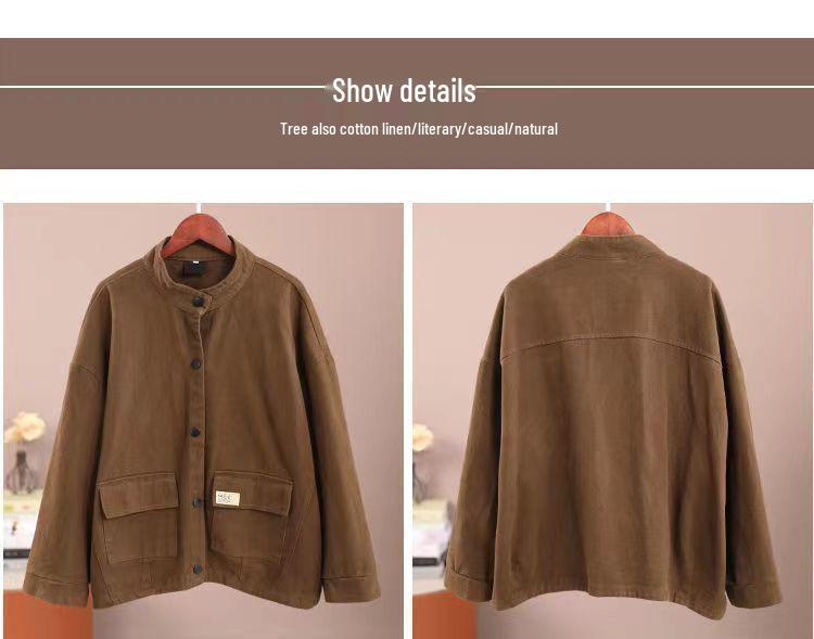 Damejakke i ren bomullsfleece med fôr - Plussstørrelse, Høst/Vinter, Casual løs passform, Kort cardigan, Ståkrage, Baseballstil.