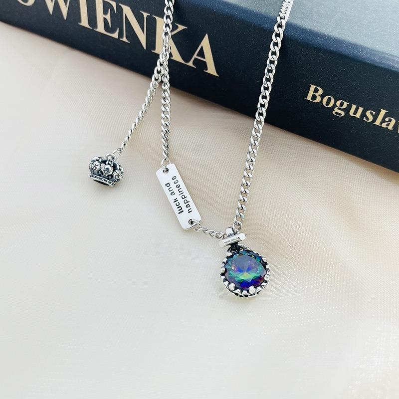S925 Sterling Silver Crown Retro Necklace Women's Brand Letter Niche Design Premium Clavicle Chain