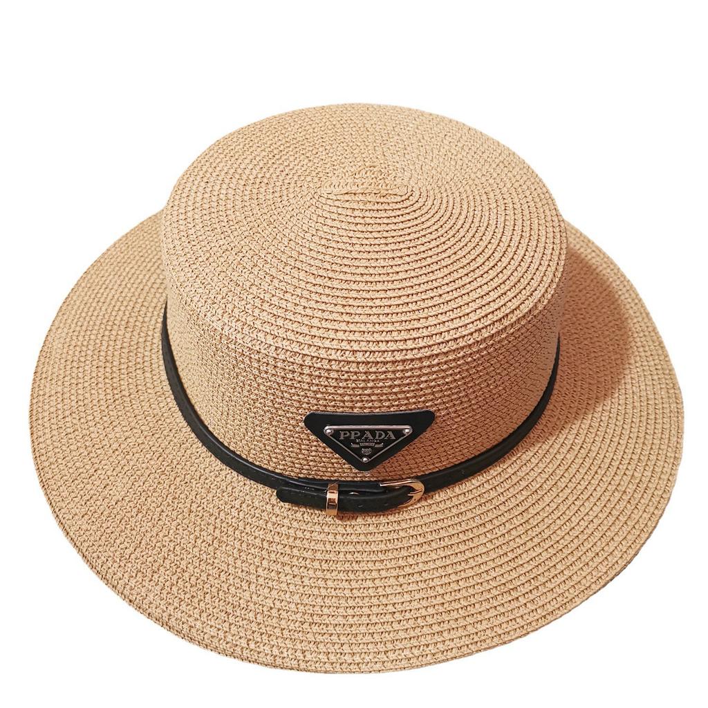 New Triangular Metal Logo Straw Woven Hat for Children's Spring and Summer Fashion Versatile Vacation Beach Sun Hat