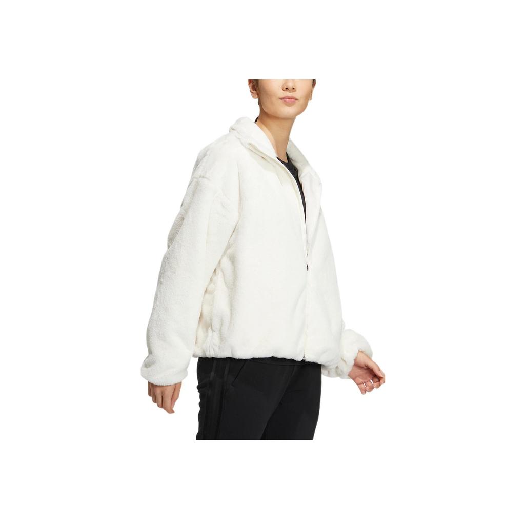 Adidas Met Fur Jacket With Embroidered Logo On The Back, Zippered Stand-Up Collar Women Outerwear White HM7102