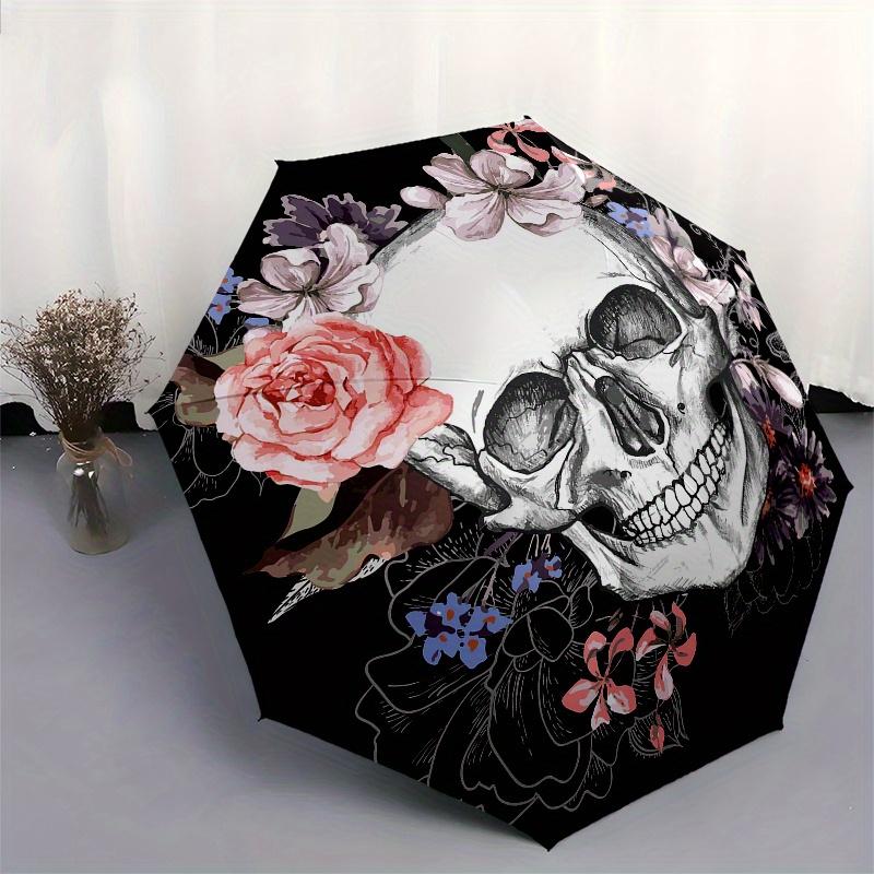 Florale Schädelkunst: Einzigartige Wanddekoration für Ihren RaumRegenschirm, Tragbarer 3-fach Regenschirm für Damen & Herren, Weihnachtsgeschenk ES296