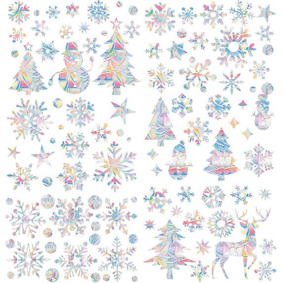 WATINC Winter Snowflakes Rainbow Window Clings - 47Pc Snowmen Tree Anti-Collision Holiday Window Decals to Save Birds, Reble Non-Adhesive Stickers