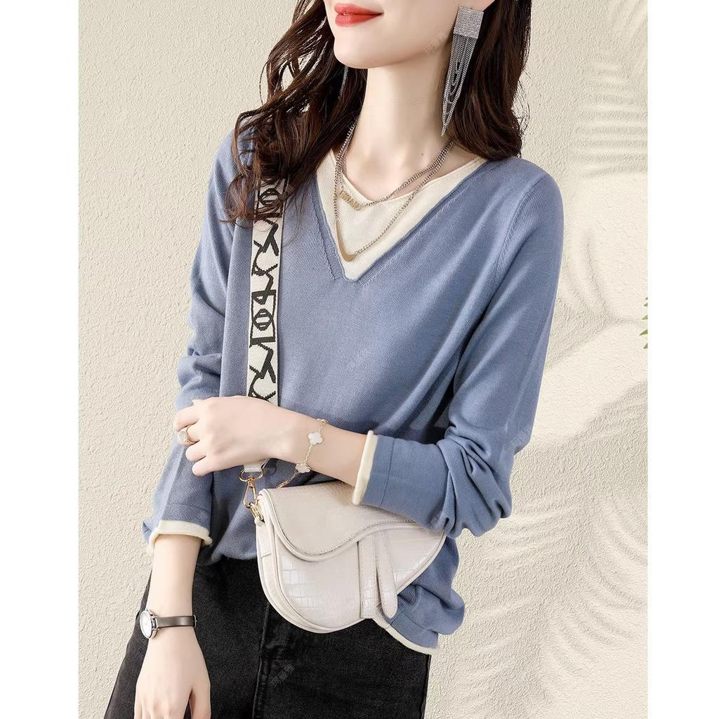 Damen Temperament Kollision Locker V-Ausschnitt Unterziehshirt Frühling und Herbst Langarm Strickshirt
