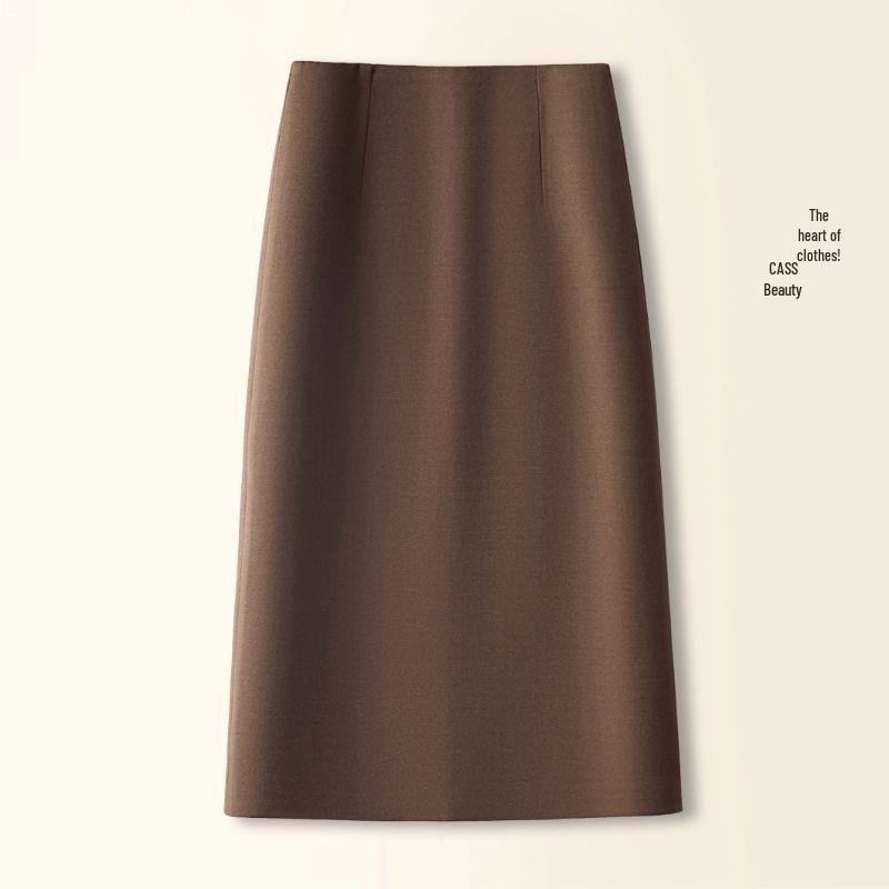 2025 Wool High-Waisted Black Slit Mid-Length Skirt - Autumn/Winter Slimming Style