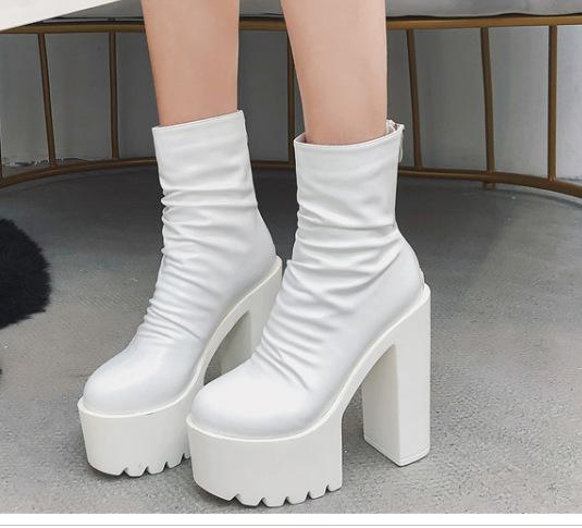 New Autumn Winter Platform High top Heels Back Zipper Black White Short For Women Waterproof Gothic for Adult Women 38