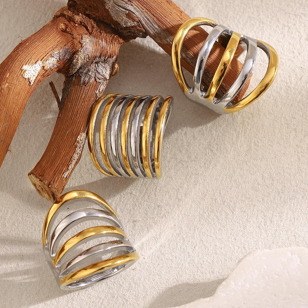 MamacitaSlay 316L Stainless Steel Two Tone Multilayer Line Wide Ring Party Waterproof Jewelry Women's Unique Cool Ring 2025 Gift
