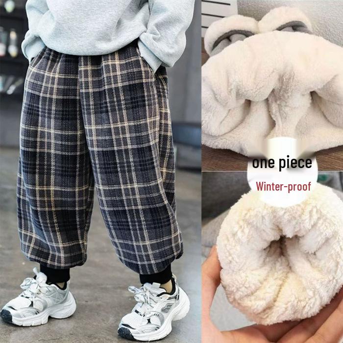 Boys' Fleece Lined Plaid Sweatpants: Winter Warm One-Piece Casual Pants for Toddlers