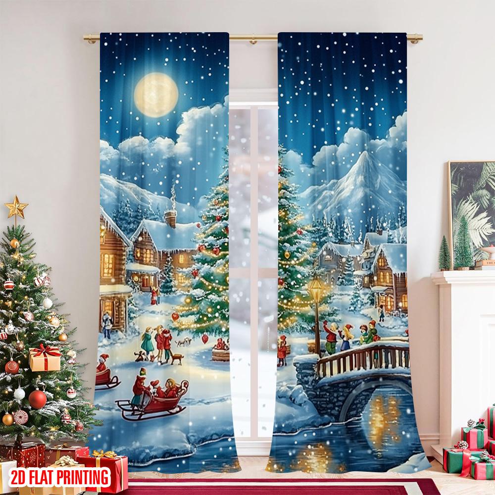 2pcs 2D flat printing Merry Christmas Party Curtains Snow Christmas scene with lights and cabins Polyester Without Electricity