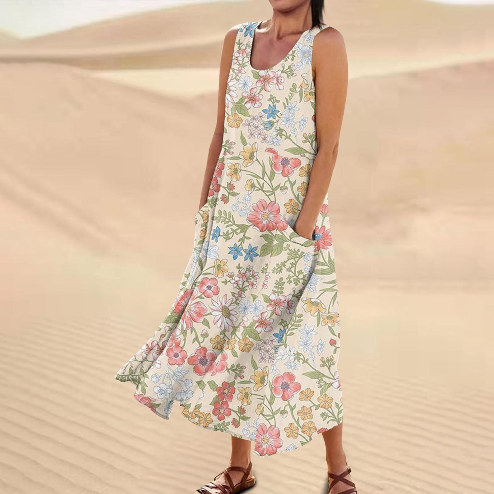 

Женское повседневное удобное хлопковое карманное платье без рукавов с цветочным принтом L бежевый