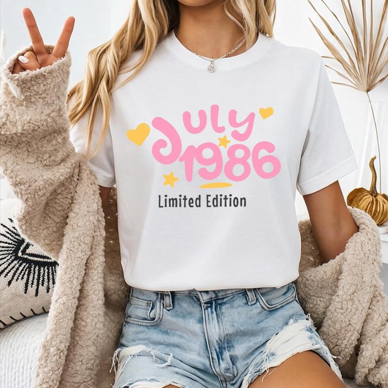 1986 Limited Edition Cute Pink Bubble Script Heart Star Cartoon Graphic T Shirt Unisex Unisex Unisex Born Year 40th Birthday Tee