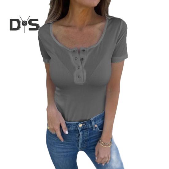 

Женская футболка с круглым вырезом, пуговицами, полузастежкой, коротким рукавом, однотонная приталенная футболка, топы, повседневная одежда S серый