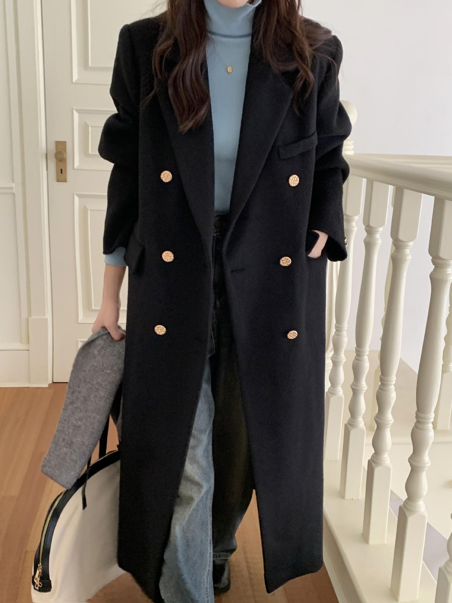 

Повседневное универсальное пальто из шерсти и кроличьего велюра для женщин, новинка осени и зимы, теплое двубортное шерстяное пальто One Size чёрный