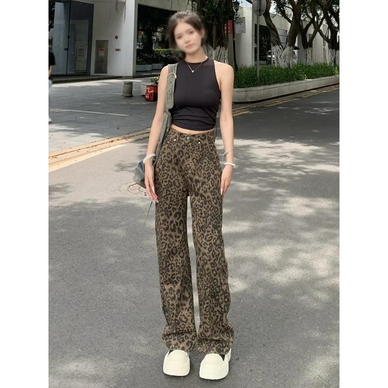 New Fashion Leopard Print Retro Women's Pants Elegant Casual Wide-leg High Street Straight Jeans Spring Autumn Casual Long Pants Loose Trousers 2215