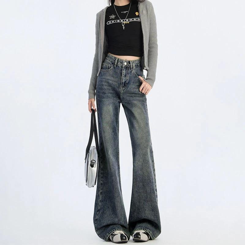 Autumn Trendy High-waisted Stretch Jeans Slim Straight Leg Flared Floor-length Pants Fashionable Stylish