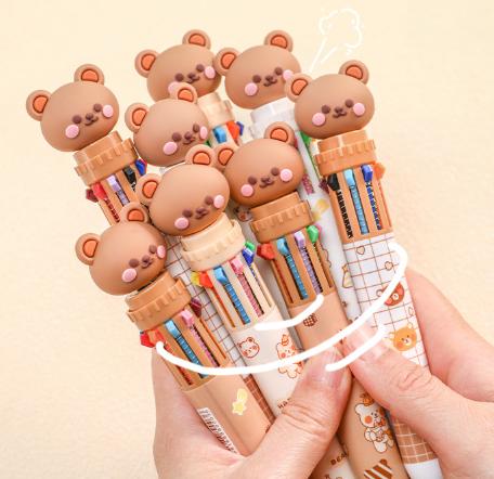 Bear 10 Color Ballpoint Pen, Cute Cartoon Push Button Multicolor Pen, Student School Supplies for Writing Drawing Gift for Kids