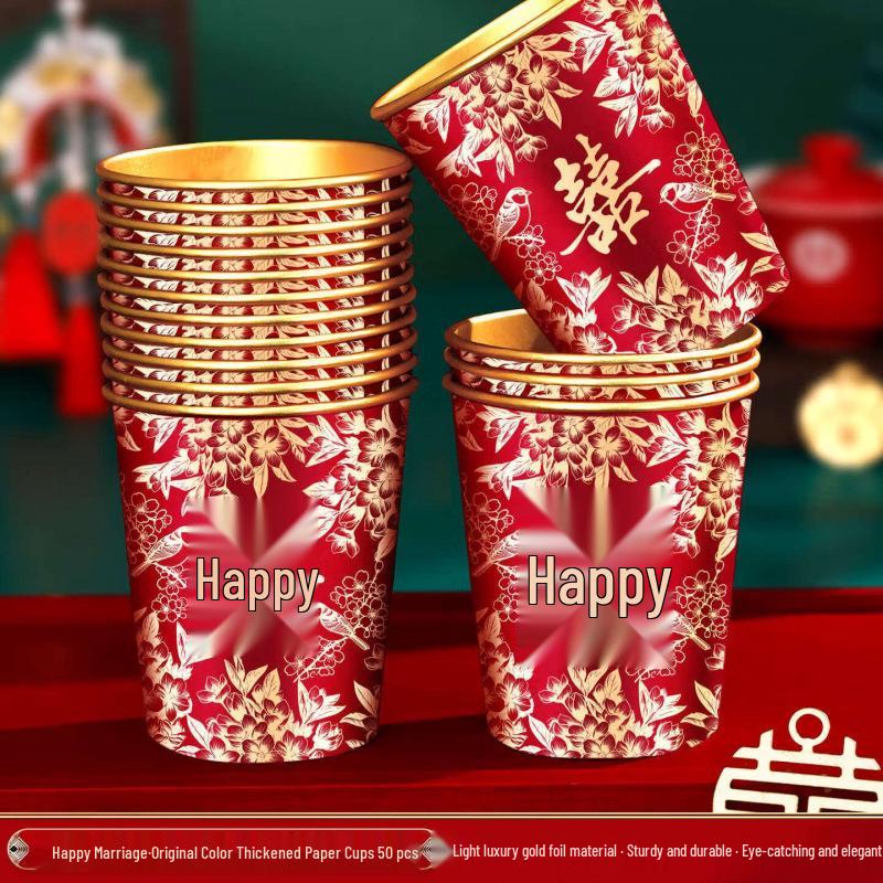 Disposable Gold Foil Wedding Paper Cups with Double Happiness Character - Red Thickened Banquet Cups No Specification