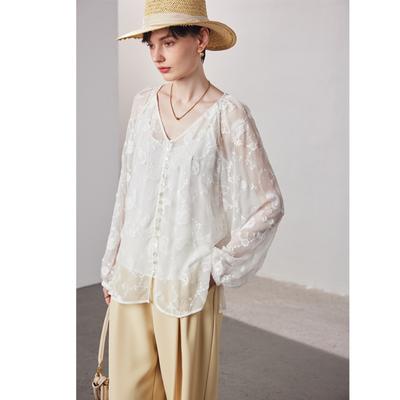 Sunscreen Silk Shirt Women's Spring And Summer Micro-permeable Smooth Embroidery Two-piece 100% Mulberry Silk Blouse