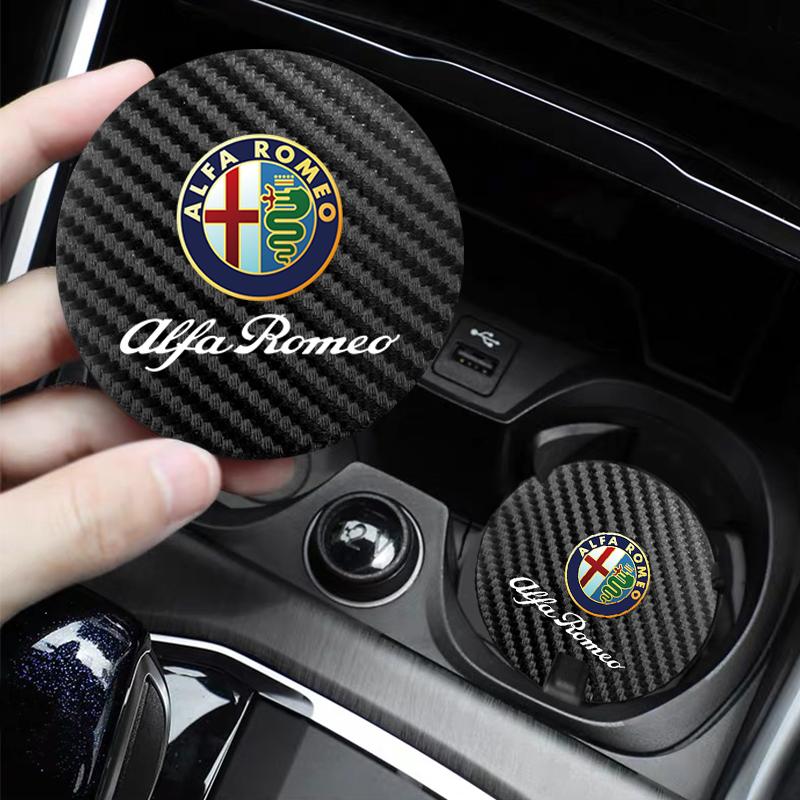 DKZHC1 2Pcs Leather Coaster Anti-noise Water Cup Pad Cushion For Alfa Romeo Giulia Stelvio Giulietta 156 159 147 Mito Tonale Brera Dis