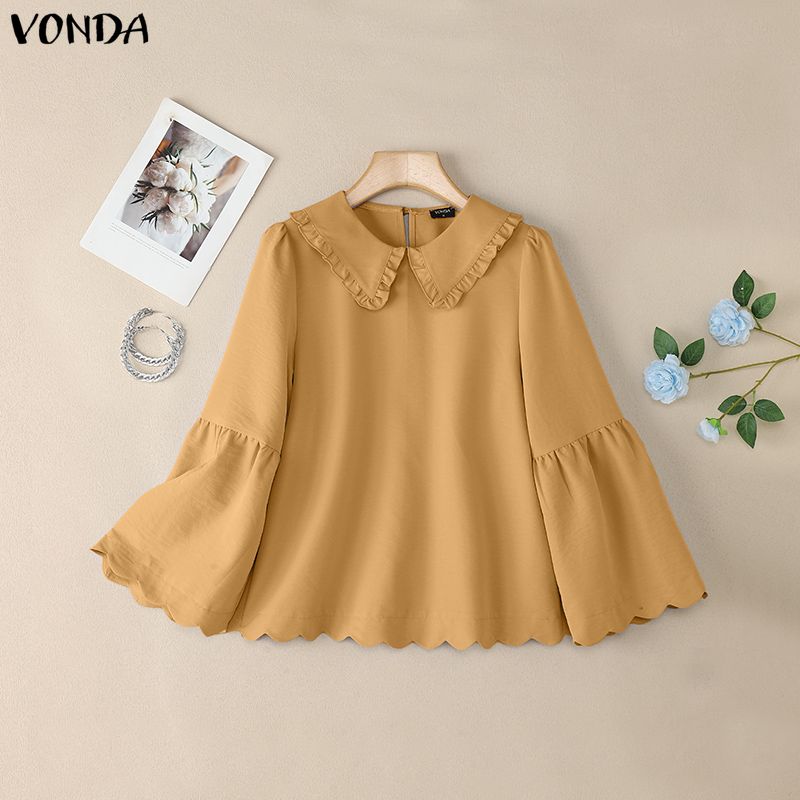 VONDA Women Casual Turn Down Collar Flare Sleeve Casual Loose Blouse