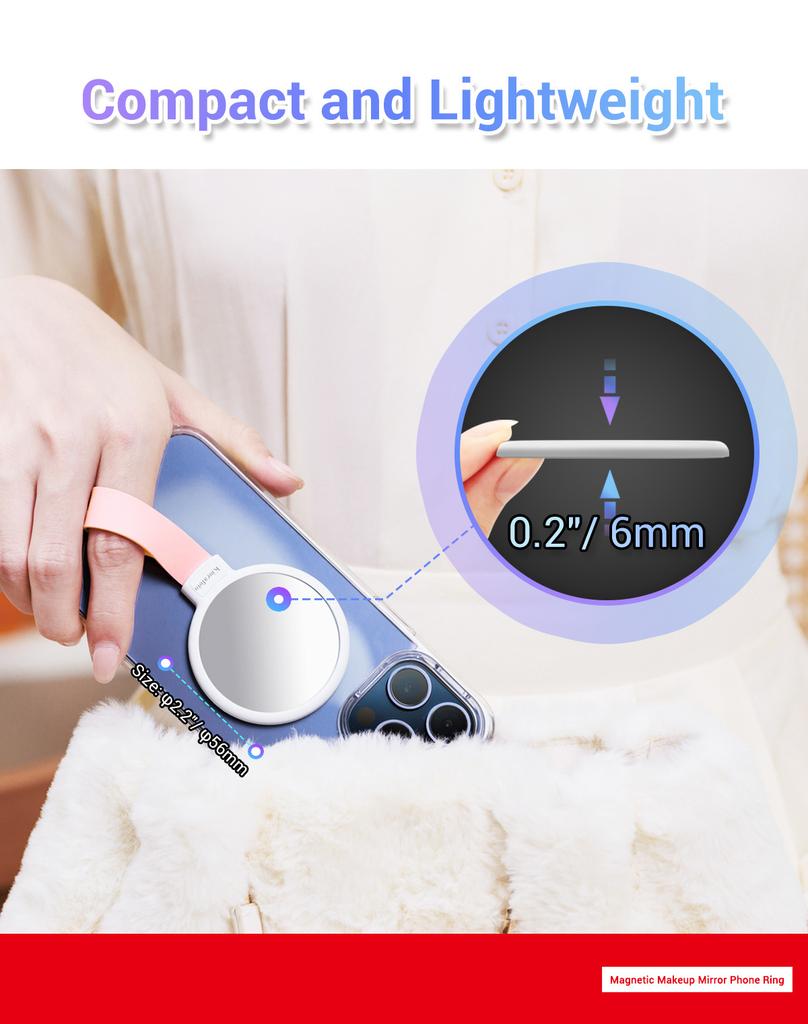 Magnetic Makeup Mirror Phone Ring Holder Selfie Mirror Magsafe with Anti-drop Grip for iPhone 15 14 13 12 for Makeup Vlog Stream