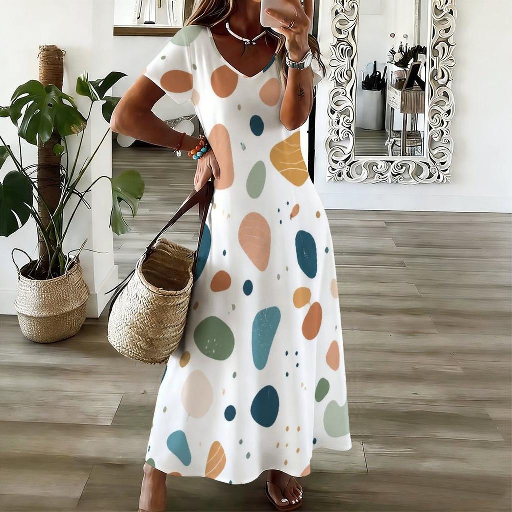 Women Plus Size V Neck Short Sleeve Printed Straight Maxi Dress