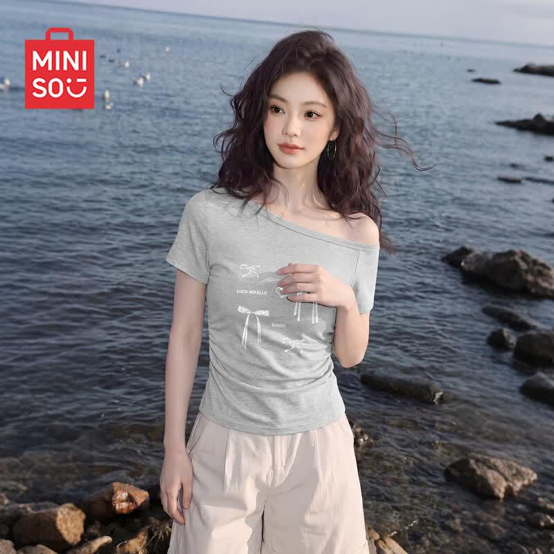 MINISO Women's Off-Shoulder Slim Fit Cropped T-Shirt