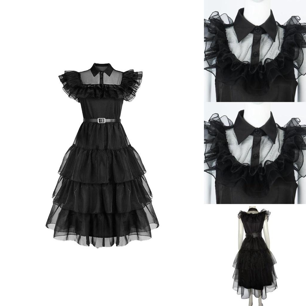 Wednesday Addams Kids Dress Cosplay Costume Party A-shaped Tiered Skirt