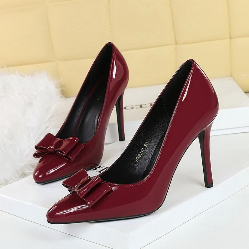 

Korean Style Fashionable Style Bow Slim Heel High Heels Women s French Patent Leather Shiny Pointed Toe Shoes Female Elegant 34